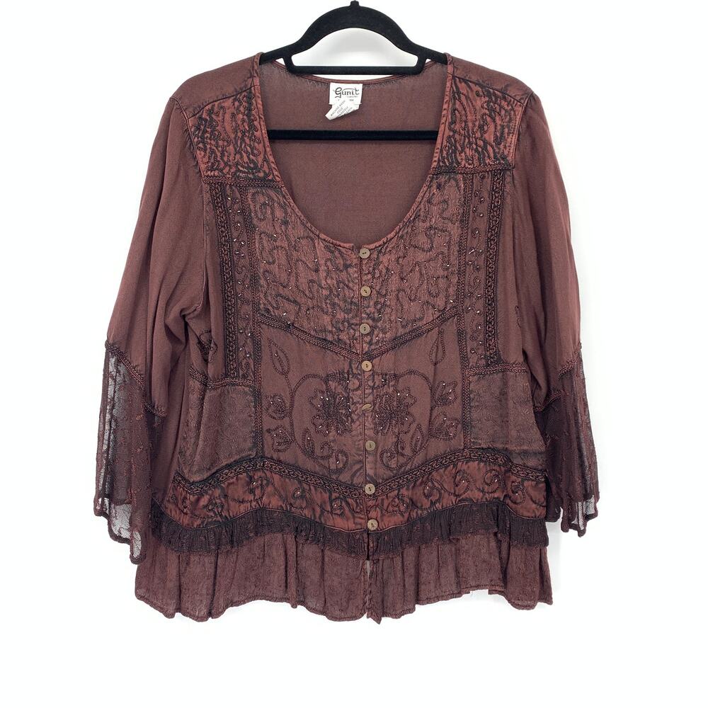 Gunit Fashions Top Womens L Brown Embroidered Lace Beaded Boho Y2K